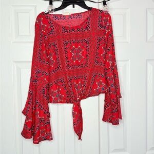Altar'd State Women’s Medium Red Patterned Blouse Flared Sleeve